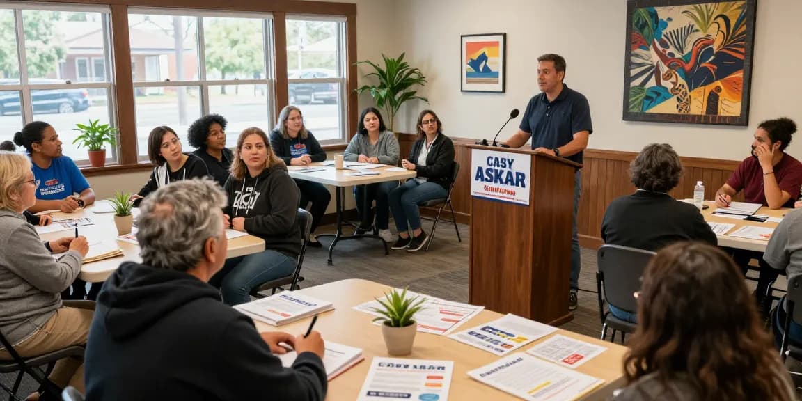 Casey Askar addressing voters at a community meeting, highlighting key controversies.