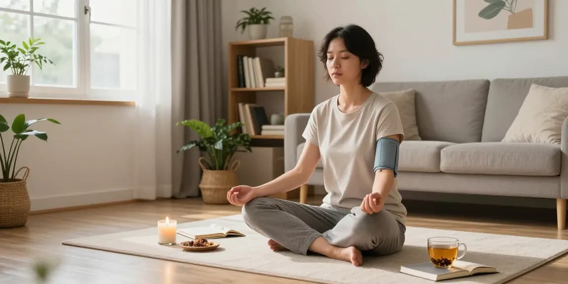 Anxiety can cause high blood pressure depicted in a calming mindfulness scene with a person practicing self-care in a serene living room.